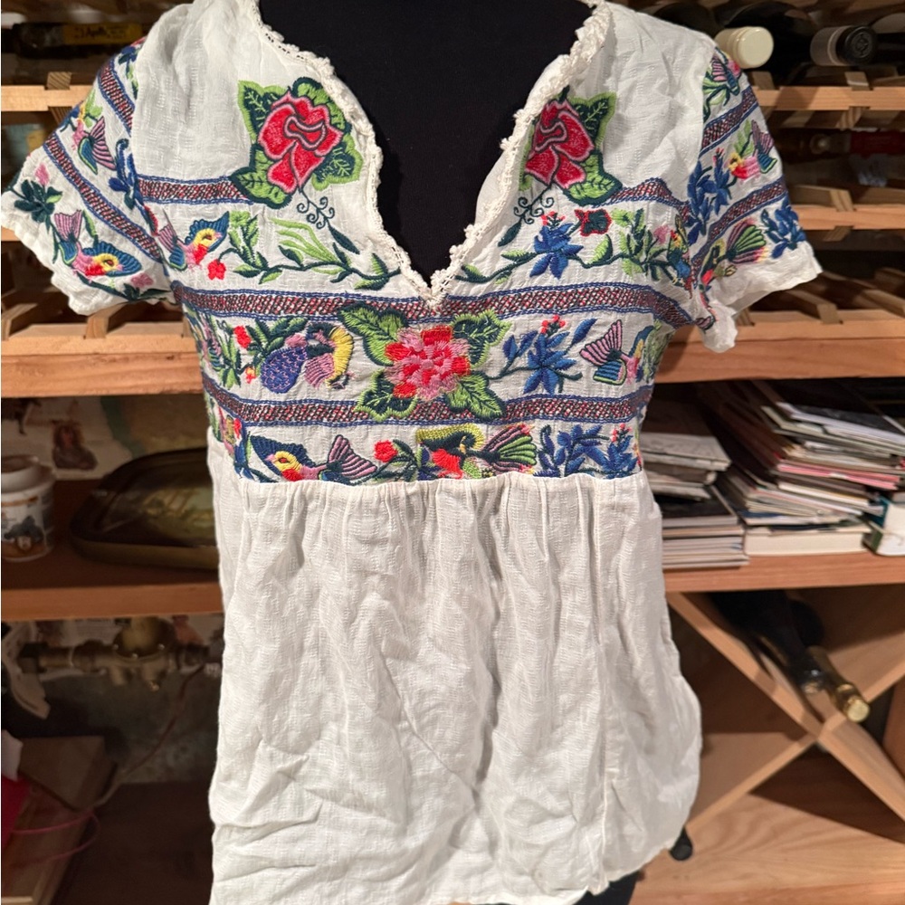 Anthropologie Embrodied White V-Neck Top with Multi-Color Floral Stitching - Picture 2 of 10